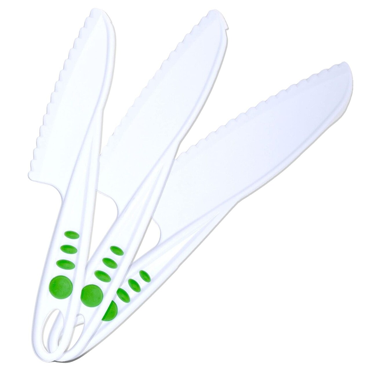 Curious Chef 3-Piece Nylon Knife Set for Kids Ages 4-14 - White & Green Plastic Knives for Nonstick Pans - Non-Scratch Reusable Kitchen Tools
